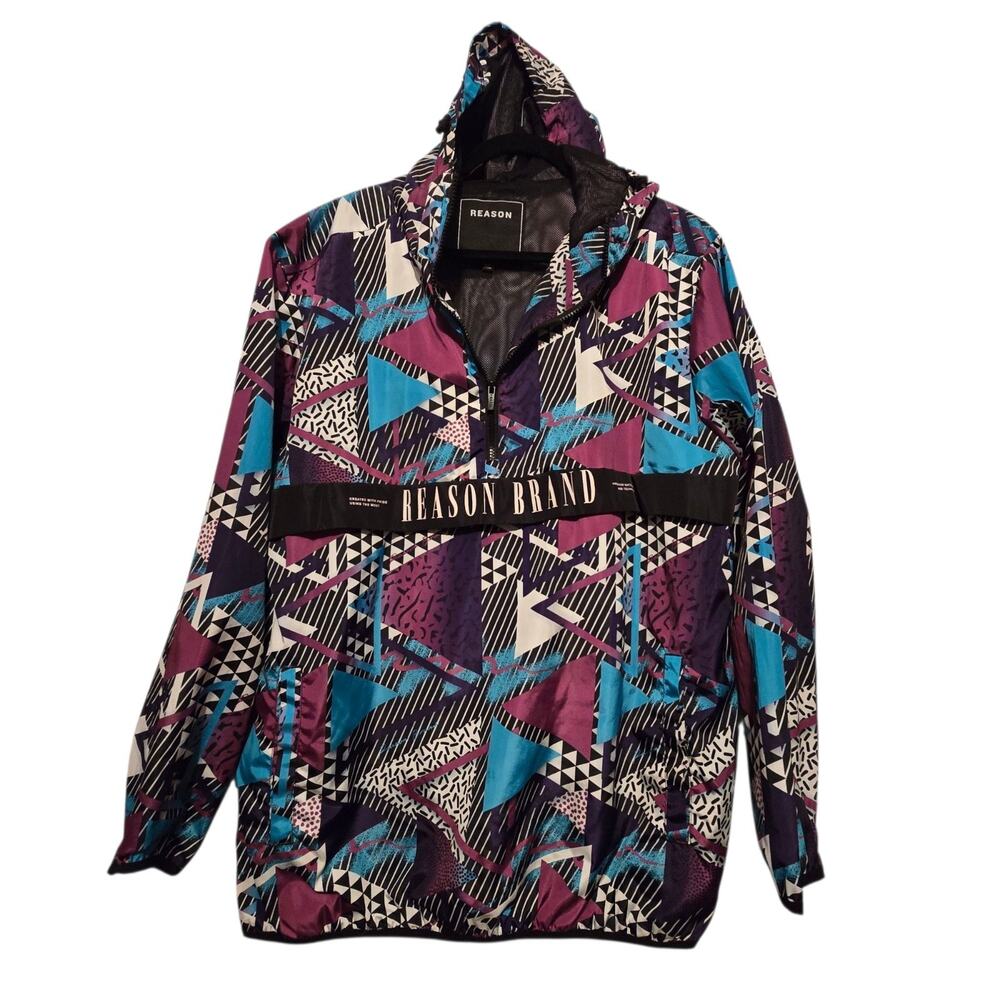 Reason Brand 80s 90s Retro Pullover Windbreaker XL Zip AOP Abstract Geometric